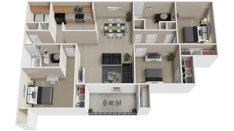 Floor plan for 3 beds, 2 baths, 1196 sqft